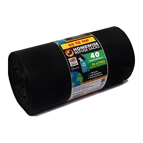 Homewise 40 Tie Top Bin Bags Heavy Duty 70L Handle Bin Bag Refuse Sacks Pack Of 40 Black Bags For Rubbish Large Bin Bags Eco Friendly for Every Day Use Strong Bin Liners Made from Recycled Material Cover