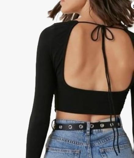 Women's Long Sleeve Crop Top, Halter Neck, Black Ribbed, Deep Back Design with Tie-Up-picture-24