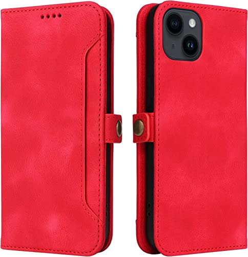 Coque à rabat iPhone 14 de style vintage en cuir PU rouge élégant avec fermoir