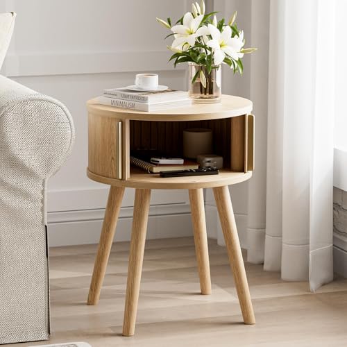 Image of Round Side Table with Sliding Doors, Modern End Table, Natural | 15.7 inchD x 20.5 inchH, Wood tapered legs, 33 lb capacity, ~30 min assembly