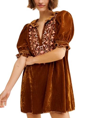 Women's Velvet Mini Dress V-Neck Puffy Short Sleeve Embroidered Short Dress Vintage Floral Holiday Party Dress