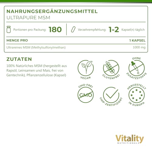 MSM Hochdosiert, Ultra Pure MSM Kapseln mit 1000 mg Methylsulfonylmethan, 180 Kapseln für 6 Monate, ohne unnötige Zusätze Vitality Nutritionals by VitaminExpress