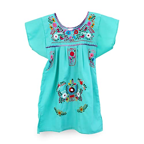 Embroidered Puebla Mexican Dress for Girls, Handmade Traditional Mexican Dress for Girls, Cotton Floral Girls Mexican Dress