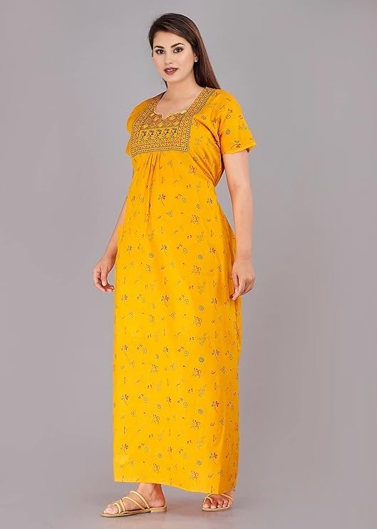 Image of OFEEFAN Women's Cotton Embroidered Jaipuri Nighty Gown - Pack of 2 Rajasthani Print Maxi Night Dress with Pocket - Soft & Comfortable Ladies Sleepwear & Loungewear