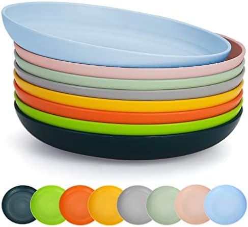 Berglander 9 Inch Plastic Deep Dinner Plates Set of 8 Colors, Reusable and Sturdy Unbreakable Dishes Set for Pasta Bowls,Ramen,Drop Resistant, BPA Free Dinnerware Microwave Safe Dishwasher Safe