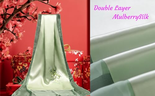 HangErFeng Women Elegant Long Shawl Double Silk Hand Embroidery Green Scarf 10504