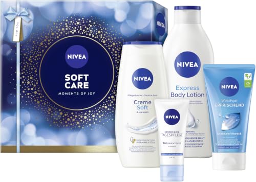 NIVEA Soft Care Geschenkset Geschenk für Frauen Geschenkbox mit Duschgel (250 ml) Body Lotion (400 ml) Tagespflege (50 ml) & Waschgel (150 ml)