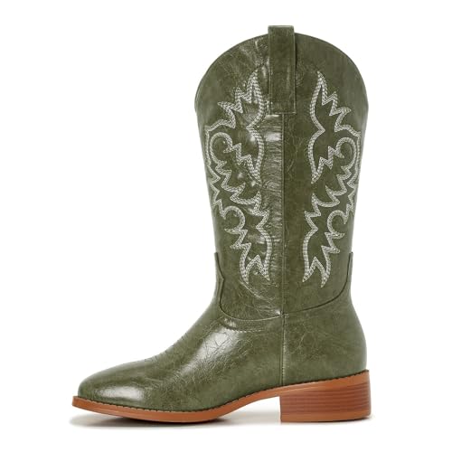 Image of Cowgirl Boots Square Toe Cowboy Boots For Women Ladies Mid Calf Low Heel Flat