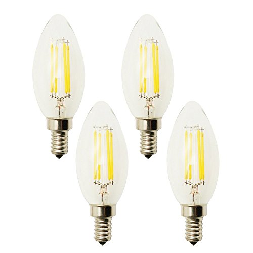 LJY E12 Dimmable 4 Watt LED Filament Candelabra Light Bulbs, 35W Incandescent Replacement, Warm White 2700K Chandelier Torpedo Tip, Clear Glass Cover, 110V AC, Pack of 4