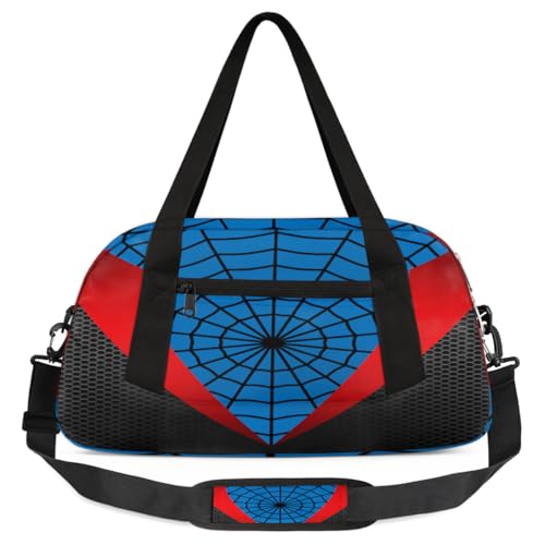 Gym Travel Duffle Bag for Boys - Blue Red Spider Web Kids Overnighter Weekend Bag with Front Zipper Pocket for School Practice, Teens Carry-On Size Sleepover Bags