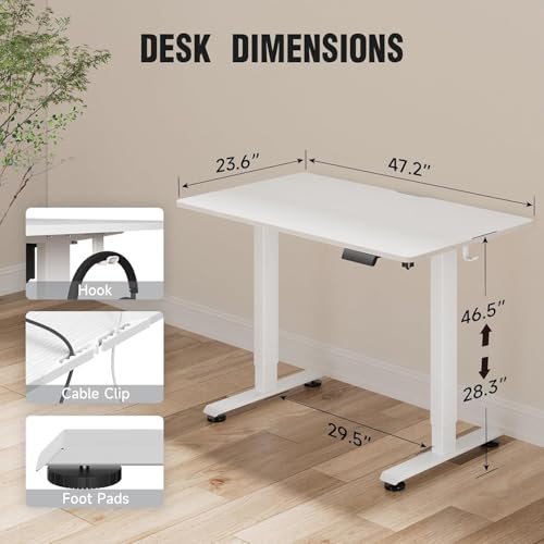 Image of Veken 47.2 Inch Electric Standing Desk, Height Adjustable Sit Stand Up, Wood Desktop, Work Home Office Computer PC Desks, Gaming Writing Study Bedroom Rising Table, Tall Standup Workstation, White