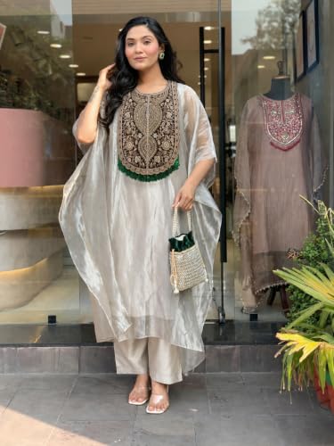 Image of GoSriKi Kurta Set for Women Glass Tissue Embroidered | Kaftan Kurti Set for Woman | Kurta Palazzo 2 Piece Outfit | Round Neck Kaftan Sleeve Ethnic Dress Stylish Womens Clothing