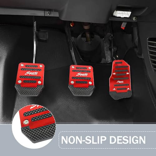 Neferta 3 PCS Car Throttle + Brake + Clutch Pedal Kit, Thickened Alloy + High Elastic Striped Rubber Anti-Slip Transmission Pedal Cover Anti-Friction Pedal, for Most Manual Transmission Cars (Red)