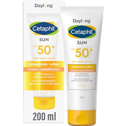 CETAPHIL SUN Liposomale Sonnenlotion SPF 50+, 200ml, Dermatologischer Sonnenschutz für trockene, empfindliche Haut, Sofortiger & hochwirksamer UVA- & UVB-Schutz, Extra wasserresistent, Ohne Duftstoffe