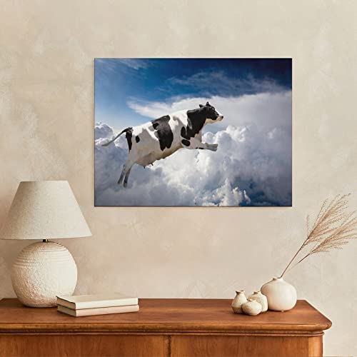Funny Posters Flying Black And White Holstein Cow In The Clouds Photo Photograph Cool Canvas Wall Art Prints For Wall Decor Room Decor Bedroom Decor Gifts 12X16Inch(30X40Cm) Unframe-Style #TOP3