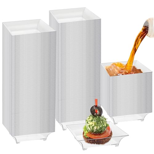 CYEAH 200 Pcs Mini Disposable Appetizer Plates with Spoon, 2.4 in Crystal Clear Plastic Dessert Plates, Square Small Party Serving Bowls for Trifle, Cheesecake, Chocolate Truffles, Ice Cream