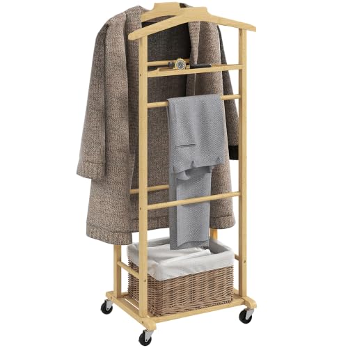 HOMCOM Servomuto 4 in 1 a Rotelle con 2 Aste per Indumenti Color Legno