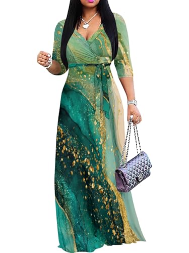 Image of Plus Size Dresses for Women Print Maxi Dresses 3 /4 Sleeve with Belt
