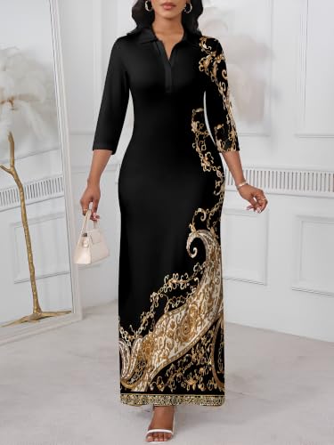 Image of PinkPatty Women's Casual 3 /4 Sleeve Polo V Neck Bodycon Maxi Dress