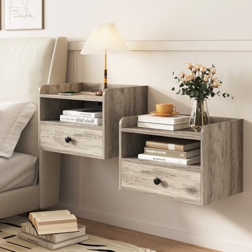 Grey Floating Nightstand Set of 2 with Charging Station and Storage