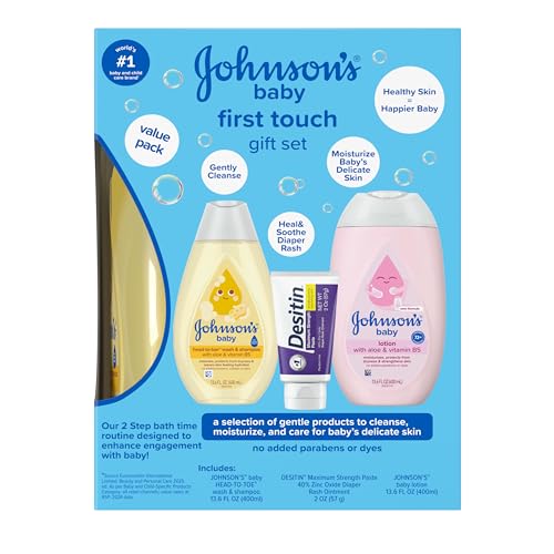 Johnson's First Touch Baby Essentials Gift Set with Body Wash & Shampoo, Body Lotion, & Zinc Oxide Diaper Rash Cream for Baby's Delicate Skin, Hypoallergenic, No Parabens or Dyes, 3 Items - Image 5