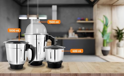 Image of Stainless Steel Mixer Grinder Jar Combo with and Sharp Cutting Edge Blade, for Bajaj /Preethi /Prestige /Morphy Richards /Sumeet /Ganga /Orient /Usha /Crompton /Life Long 4 Teeth Coupler (Combo of 3)