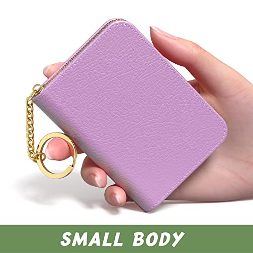 Image of Aiawoxc Credit Card Holder for Women, Small RFID Wallet Slim Leather Business Card Organizer Case with Zipper and Keychain, Purple