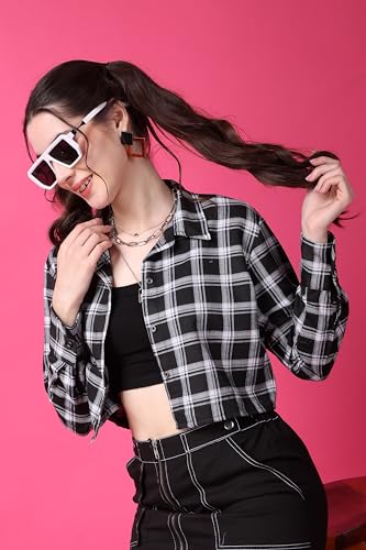Image of POPWINGS Casual Pure Cotton Checks Crop Shirt for Women | Stylish Western Crop Shirt for Women | Full Sleeves Crop Shirt for Women