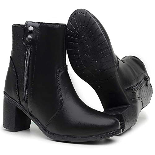 Bota Feminina Preta Ankle Boot De Salto Alto Texturida Com Zíper Cano Médio Tamanho:37;Cor:Preto;Gên