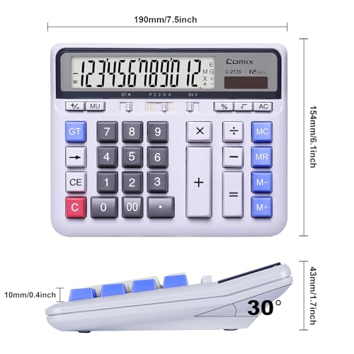 Comix Desktop Calculator Solar Battery Dual Power with 12-Digit Large LCD Display and Large Computer Keys Standard Function Calculator for Home Office School, White - Image 4