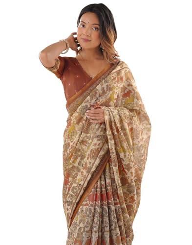 Image of SIRIL Women's Cotton Linen Kalamkari Printed Handloom Saree with Unstitched Blouse Piece