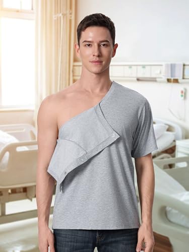 Image of Magnetic Buttons Post Shoulder Surgery Recovery Shirt for Men V-Neck Tear Away Adaptive Chemo Port Clothing for Women