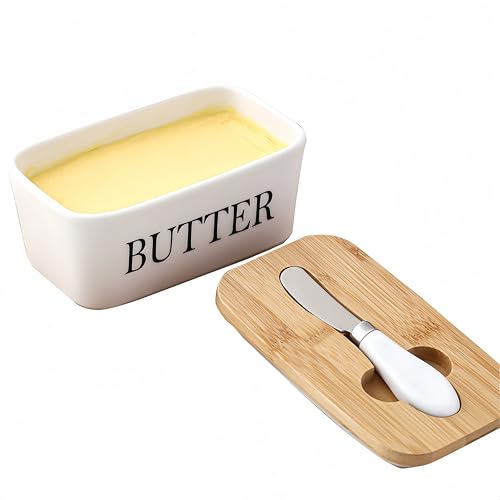 Porcelain Butter Dish with Knife & Wooden Lid, Airtight Butter Dish Butter Holder with Covers, Butter Box for Butter, Nuts, Cheese - Image 4