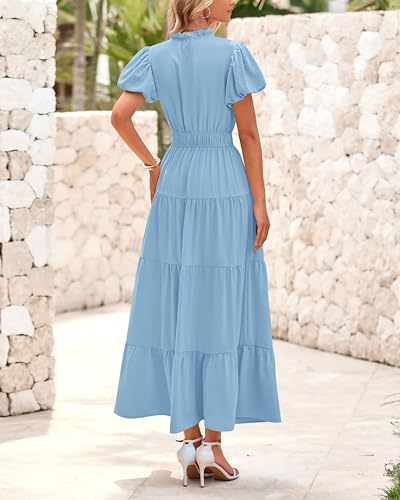 Image of dowerme Womens Summer Dresses 2025 Casual Puff Sleeve V Neck Smocked Waist A-Line Tiered Maxi Prom Dress with Pockets