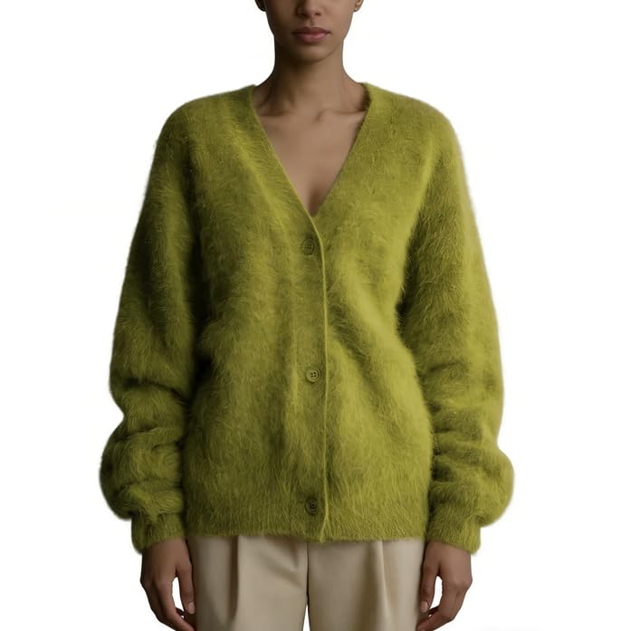 Image of Womens Fuzzy Sweaters Cardigan V-Neck Button Down Oversized Mohair Sweater Casual Y2k 2026 Fall Winter