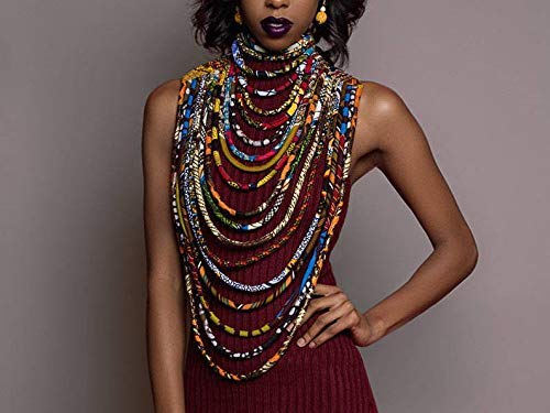 African Necklaces for Women | Maasai Jewelry | The Legend Ankara/Kente Necklace | Long Multi-strand African Wax Collar | Multi-layered Collier | Ankara Conversation Piece | Afrocentric | Cloth & Cord
