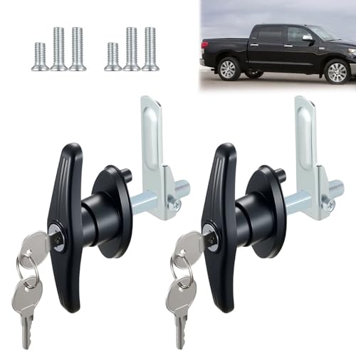 Ojeemii 2PCS Truck Cap Locking T-Handle Camper Shell Accessories T-Handle Latch with Keyed Lock Truck Camper Shell Lock Key Alike Black T-Handle Locks (Left & Right) for Most Truck