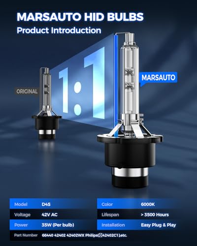 Image of Marsauto D4S HID Xenon Bulbs 600% Brightness 6500K Cool White 66440 42402 42402 Replacement 35W IP68 Waterproof Pack of 2
