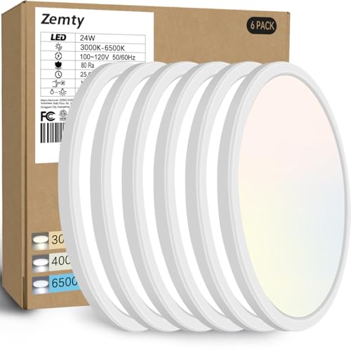 zemty 6Pack 12 Inch LED Flush Mount Ceiling Light, Super Slim 28W 3200lm LED Ceiling Light, 3 Color Temperature in One 3000k/4500k/6000K Round Light Fixture for Bedroom, Kitchen, Dining Room (White)