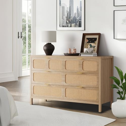 6 Drawer Dresser, Rattan Dresser for Bedroom with Metal Handles, Farmhouse Wood Storage Chest of Drawers for Bedroom, Living Room, Hallway, Entryway, Oak