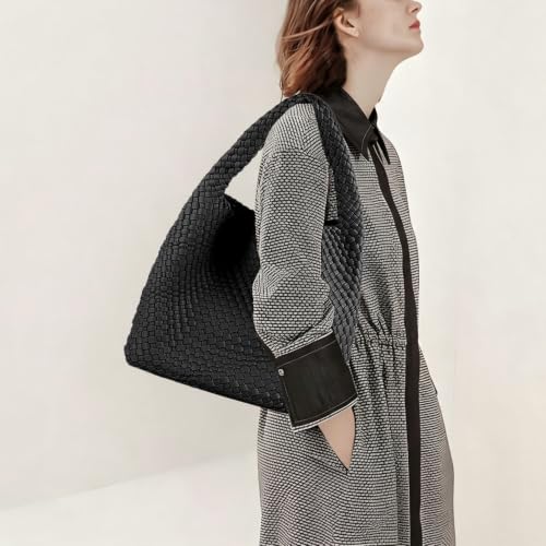 Image of Woven Tote Bag For Women, Large Vegan Leather Travel Handbag, Casual Work Shoulder Bag, Underarm Commuter Hobo Bag With Purse