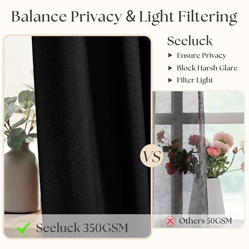 Image of Black Semi Sheer Pinch Pleated Linen Curtains 63 Inch Long for Bedroom