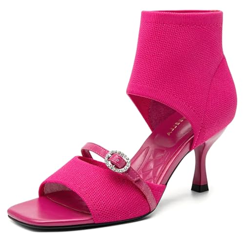 Mousse Fit Women's Square Toe Stiletto Sandals - 2.5 Inch Knit Peep Toe Heels, Stretchy Dressy Sandals for Weddings & Everyday