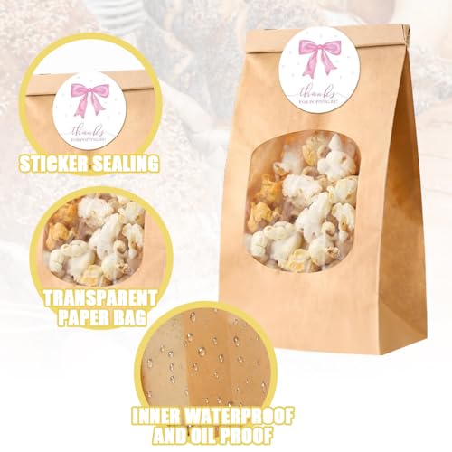 Image of 24 PCS Small Paper Popcorn Bags with Pink Bow Stickers, Thanks for Popping by Tags Popcorn Bags with Clear Window, Baby Shower Treat Bag for Packaging Bakery Candy Cookie