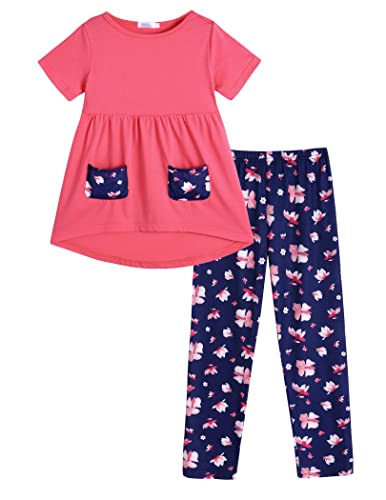 Image of Arshiner Toddler Girls Outfits Floral Hi-Lo Tops+pants Sets Short SLeeve 2pcs Pants Sets with Pockets