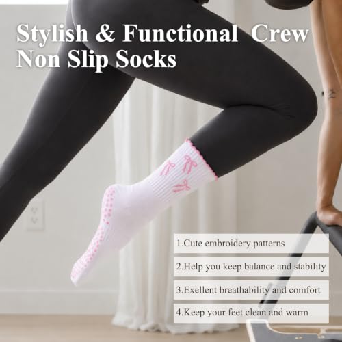 Image of Toes Home Pilates Socks for Women with Non Slip Grippers, Yoga Crew Socks for Barre Hospital Sticky Slipper Socks 4 Pairs