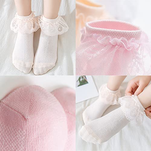4 Pairs Lace Ruffle Ankle Socks for Girl, Cotton Princess Style Toddler Dress Sock for 2-11 Years2