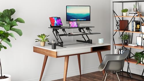 Image of Mount-It! 38 Inch Standing Desk Converter - Gas Spring Sit Stand Desk Riser for Dual Monitors - Height Adjustable Desktop Workstation with Keyboard Tray - Black