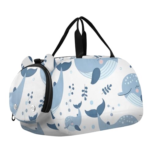 Duffle Bag Kids Gym Bag with Shoes Compartment & Wet Separation Overnight Travel Duffel Bag Painting Blue Whales for Girl Boy