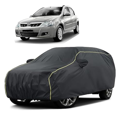Image of Sulfar 100% Water Resistant Car Body Cover Compatible with Mirror for Mahindra Verito (Triple Stitched, Full Bottom Elastic, Dark Grey Taffeta with Yellow Piping)